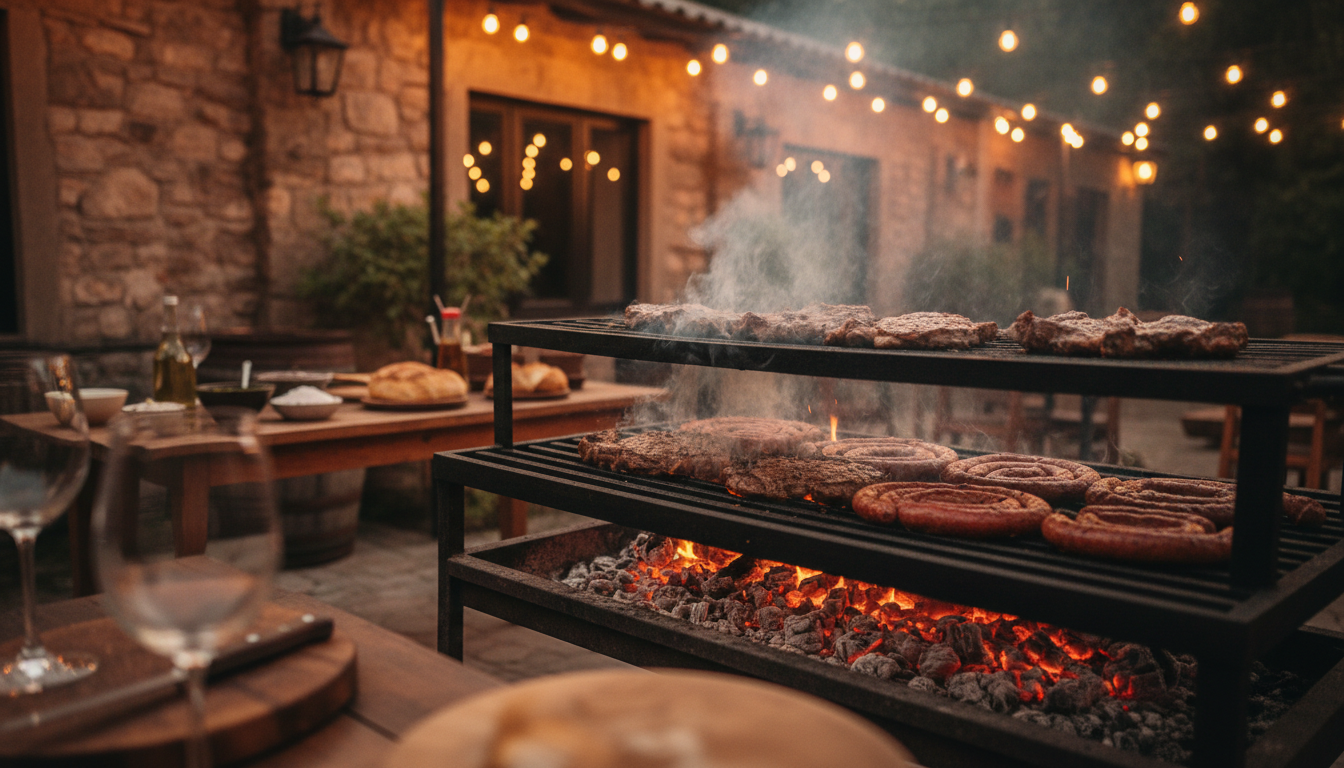 Argentine asado grill with sizzling steaks